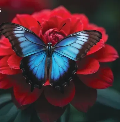 Papillon bleu majesteux posé au centre d'une grande fleur rouge.